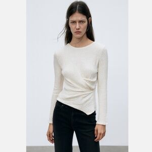 Zara Womens Textured Jersey Top Gathered Accent Long Sleeve White Large